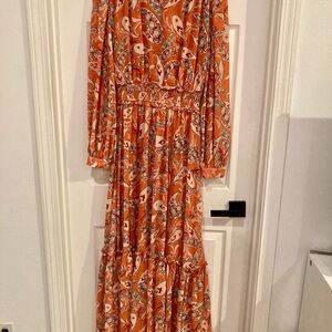 Bohme Vibrant Orange Paisley Long Sleeve Dress Boho